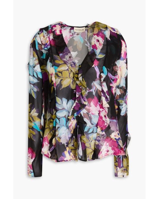 Nicholas Black Ruffled Floral-print Silk-chiffon Blouse