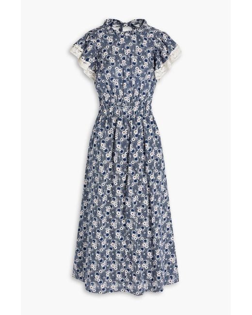 Sea Blue Josefine Open-back Ruffled Floral-print Ramie Midi Dress