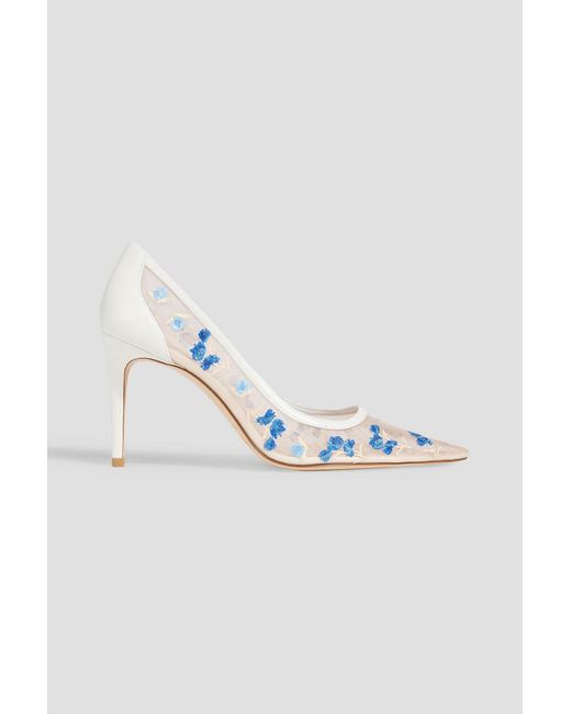Stuart Weitzman White Stuart Power 85 Embroidered Tulle And Leather Pumps