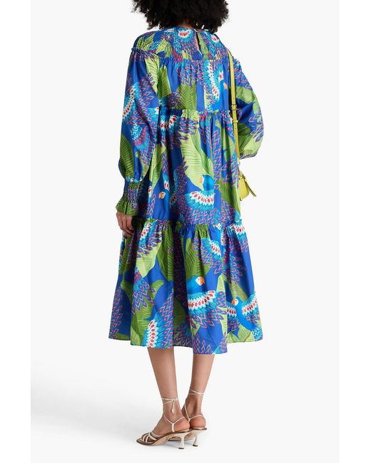 Farm Rio Blue Tiered Printed Cotton-poplin Midi Dress