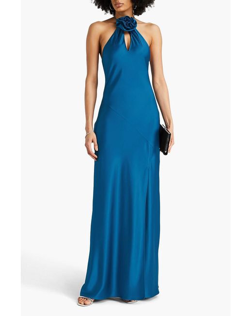 Nicholas Blue Satin Halterneck Maxi Dress