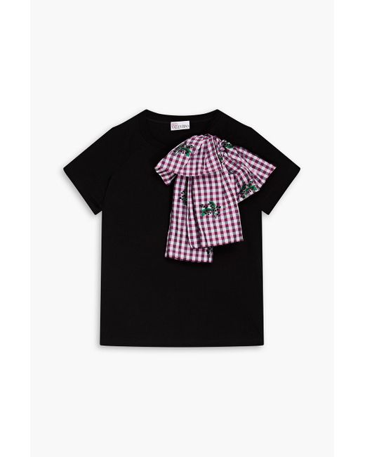 RED Valentino Black Checked Bow-embellished Cotton-jersey T-shirt