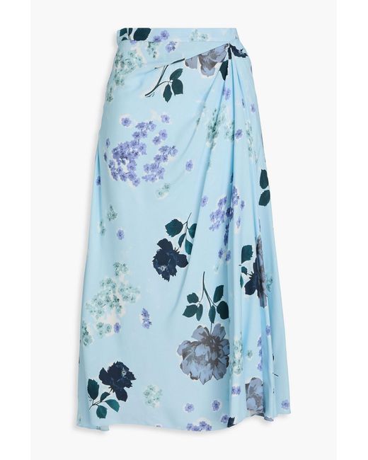Erdem Blue Draped Floral-Print Crepe Midi Skirt