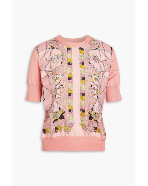 Emilio Pucci Pink Printed Silk-twill Paneled Knitted Top