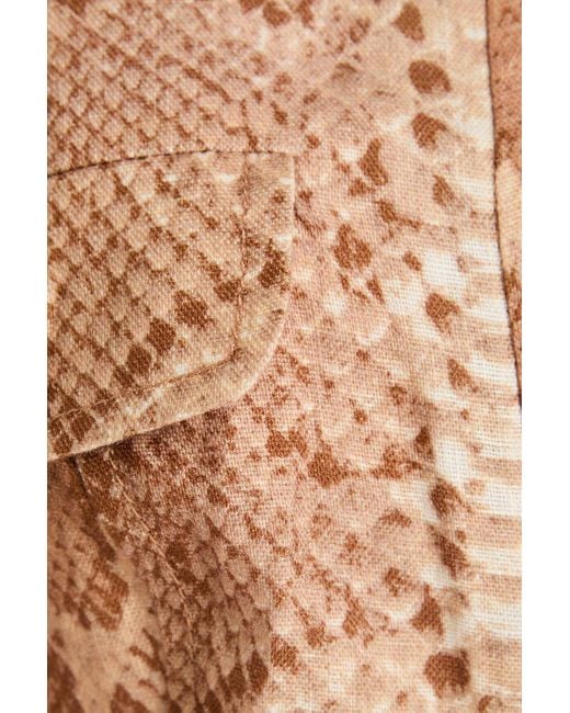 Zimmermann Brown Belted Snake-print Linen Mini Shirt Dress