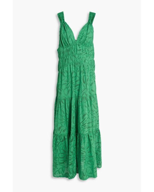 Farm Rio Green Tiered Broderie Anglaise Cotton Maxi Dress