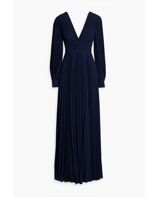 Badgley Mischka Blue Pleated Crepe De Chine Maxi Dress