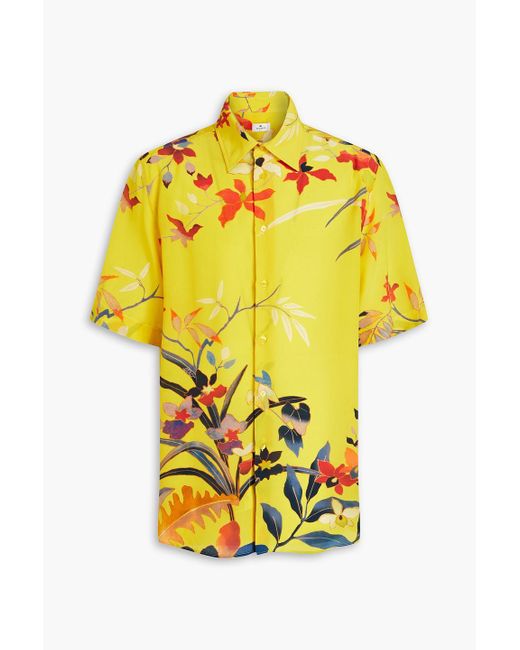 Etro Yellow Floral-print Silk Crepe De Chine Shirt for men