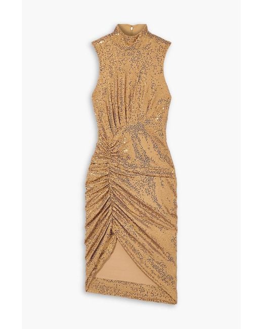 Michael Kors Natural Ruched Sequined Crepe Turtleneck Dress