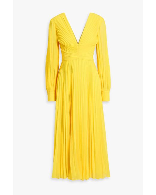 Badgley Mischka Yellow Plissé-Chiffon Midi Dress