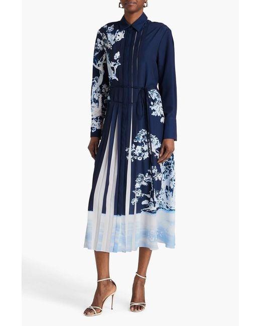 Erdem Blue Floral-Print Crepe De Chine Midi Shirt Dress
