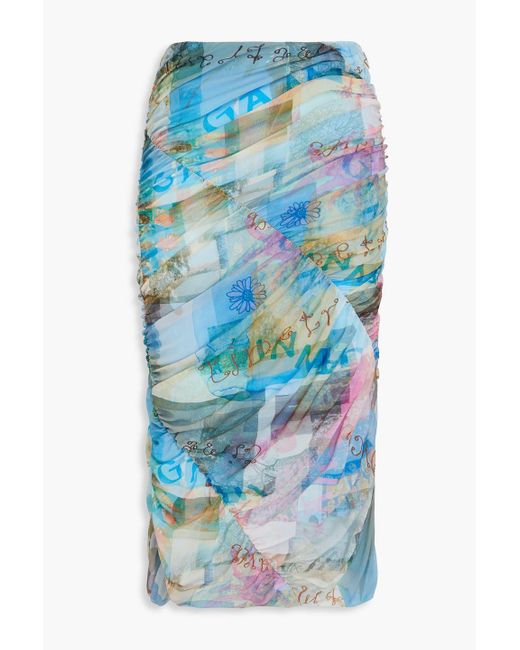 Ganni Blue Ruched Stretch-mesh Midi Skirt