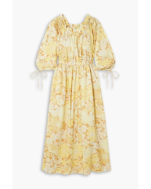 Oroton Yellow Gathered Floral-print Linen Maxi Dress