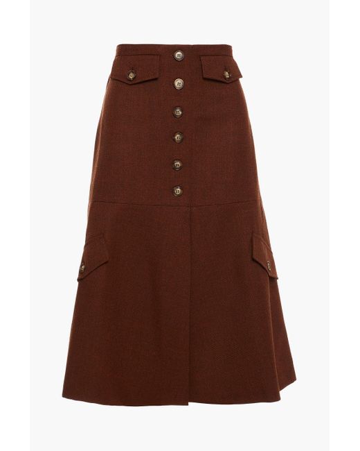 Victoria Beckham Brown Button-detailed Mélange Wool-flannel Skirt