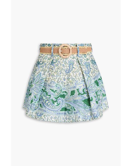 Zimmermann Green Ottie Paisley Print Belted Linen Shorts