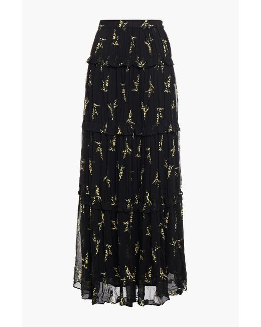 Ba sh Margarita Tiered Floral print Georgette Midi Skirt in Black