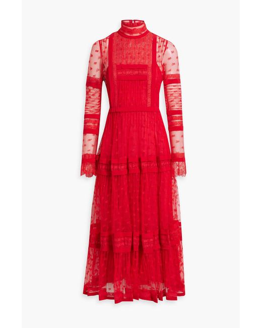 Valentino Garavani Red Pintucked Corded And Crocheted Lace Midi Dress
