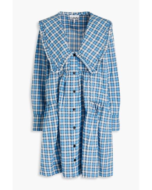 Ganni Blue Checked Cotton-blend Seersucker Mini Shirt Dress