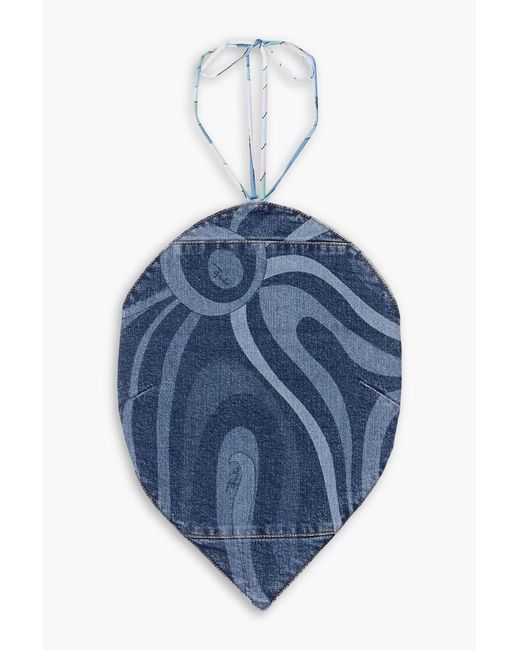 Emilio Pucci Blue Cropped Printed Denim Halterneck Top