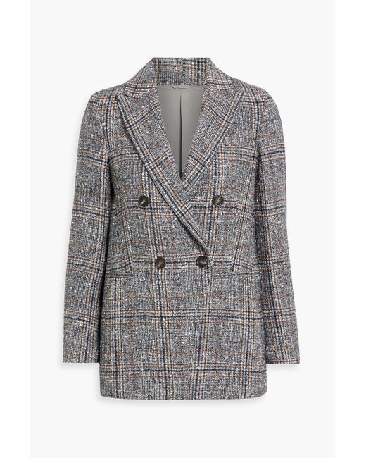 Brunello Cucinelli Gray Double-breasted Checked Bouclé-tweed Blazer