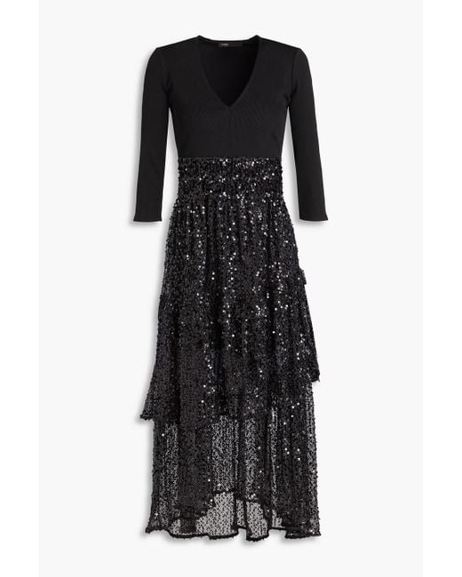 Maje Black Sequined Tiered Open-knit And Stretch-jersey Midi Dress