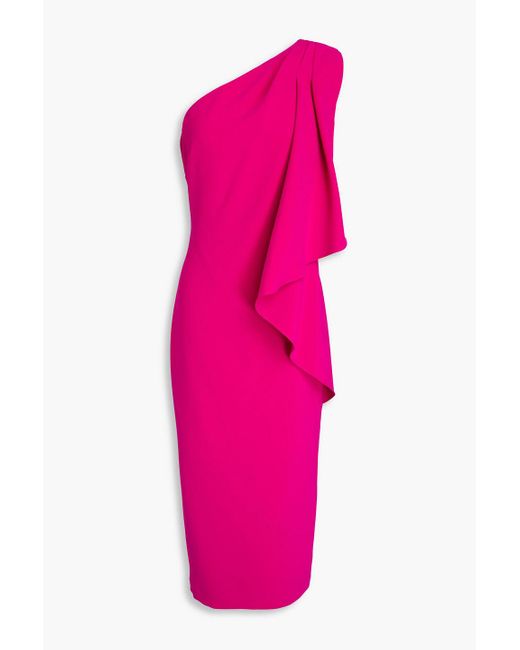 Badgley Mischka Pink One-shoulder Draped Crepe Midi Dress