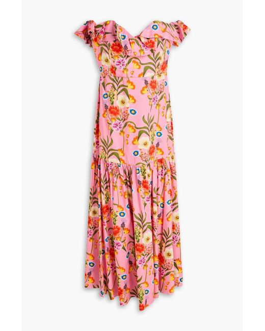 Borgo De Nor Red Jazella Off-The-Shoulder Ruffled Floral-Print Cotton Maxi Dress