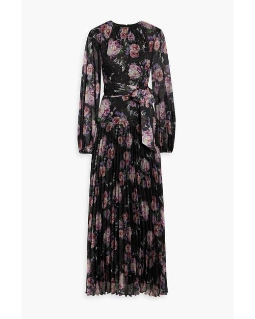 Mikael Aghal Black Pleated Floral-Print Metallic Fil Coupé Chiffon Maxi Dress