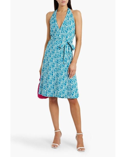 Diane von Furstenberg Blue Nishi neckholder-wickelkleid aus jersey aus einer baumwoll-seidenmischung mit print