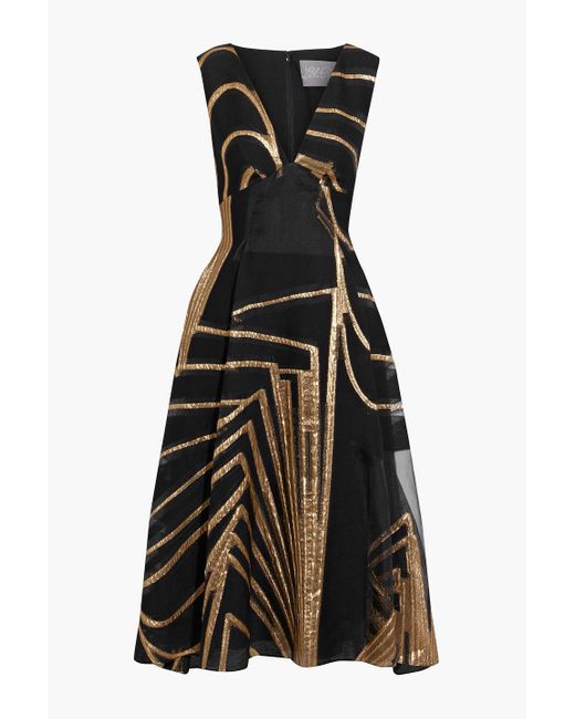 Lela Rose Black Flared Burnout Metallic Wool-blend Dress