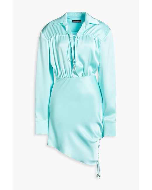 David Koma Blue Ruched Wool-blend Satin Mini Shirt Dress