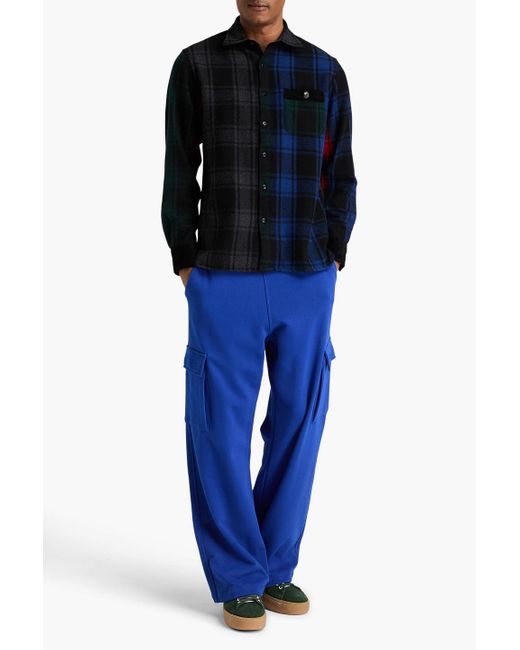 A Bathing Ape Blue Embroidered Checked Wool-blend Flannel And Corduroy Shirt for men