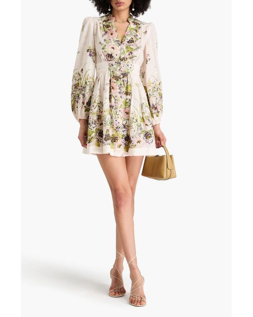 Zimmermann Natural Floral-Print Linen Mini Dress