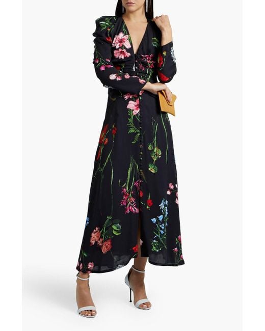 Lela Rose Black Ruched Floral-print Crepe Midi Dress