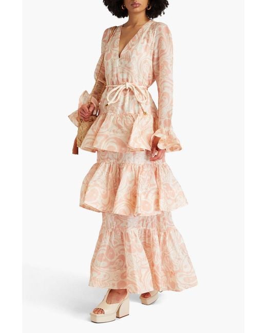Zimmermann Natural Ruffled Printed Linen And Silk-blend Maxi Dress