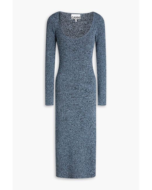 Ganni Blue Mélange Ribbed-knit Midi Dress