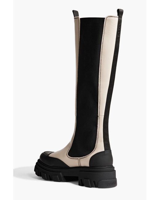 Ganni Black Rubber-trimmed Leather Knee Boots