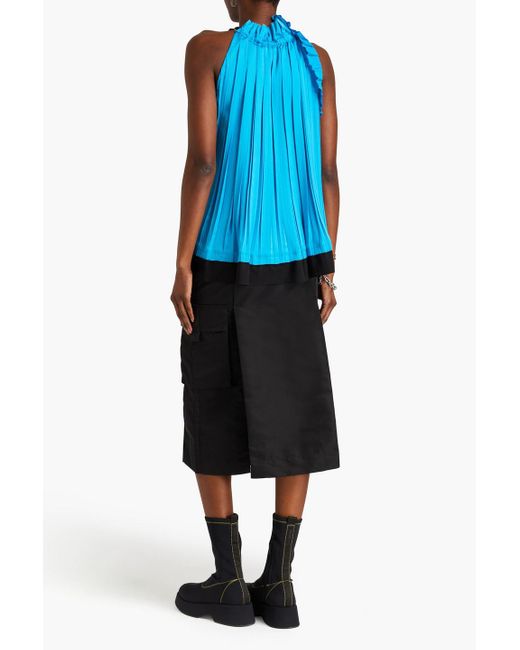 3.1 Phillip Lim Blue Crepe-trimmed Pleated Satin Top