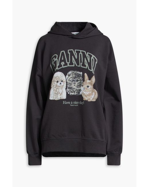 Ganni Black Printed French Cotton-terry Hoodie