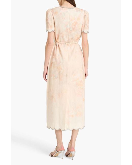 Zimmermann Orange Crystal-Embellished Floral-Print Linen Midi Dress