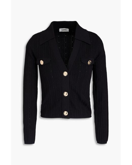 Sandro Black Hind Cropped Ribbed Pointelle-knit Cardigan