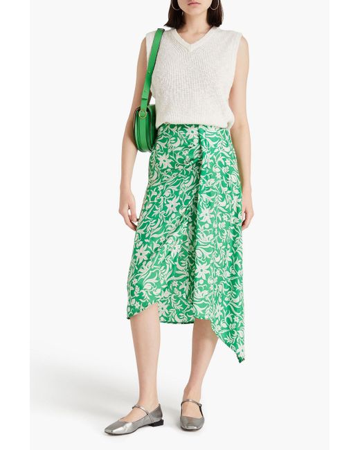 Maje Green Draped Floral-print Cupro-blend Satin-twill Midi Skirt