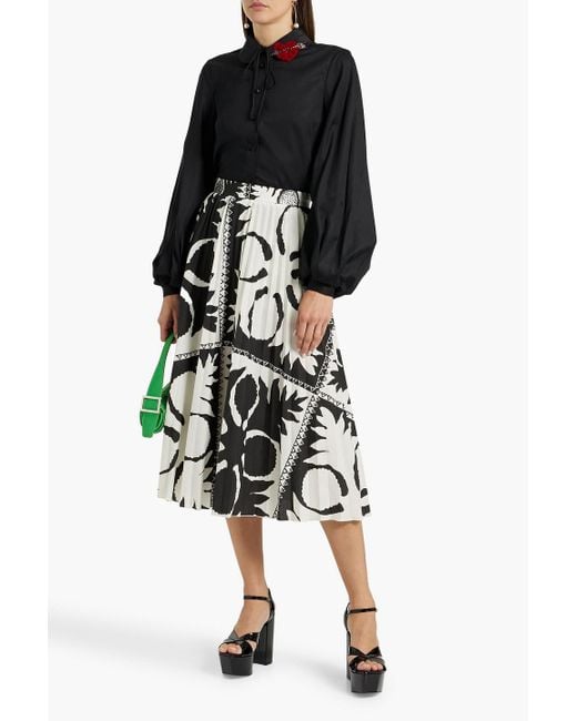 RED Valentino White Pleated Printed Twill Midi Skirt