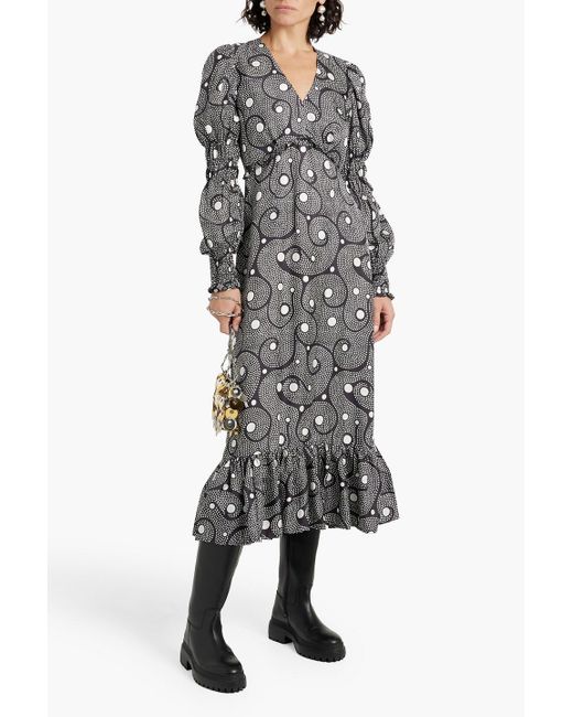 Shrimps Gray Clemente Ruffled Printed Silk-twill Midi Dress