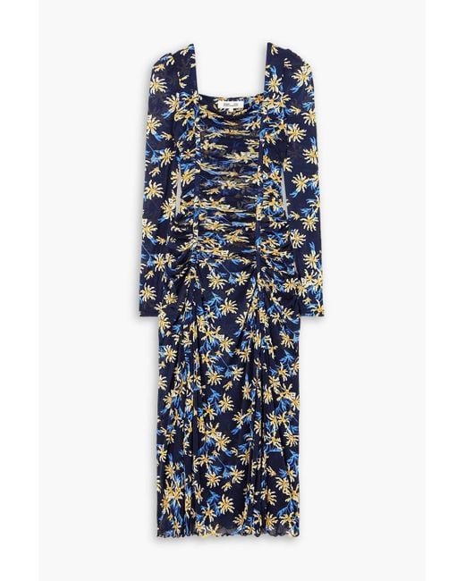 Diane von Furstenberg Blue Amelie Ruched Floral-print Stretch-mesh Midi Dress
