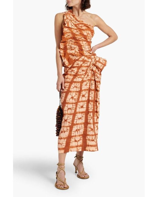 Ulla Johnson Orange Senta oberteil aus baumwolle mit batikmuster, rüschen und asymmetrischer schulterpartie
