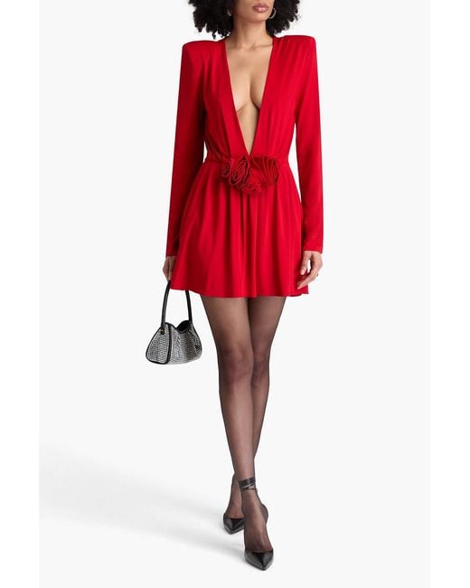 Magda Butrym Red Floral-Appliquéd Pleated Jersey Mini Dress