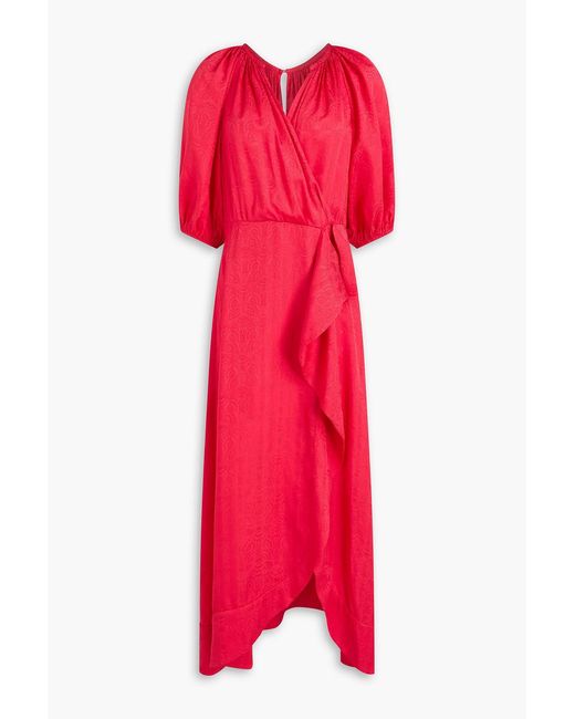 Saloni Red Wrap-Effect Silk-Satin Jacquard Midi Dress