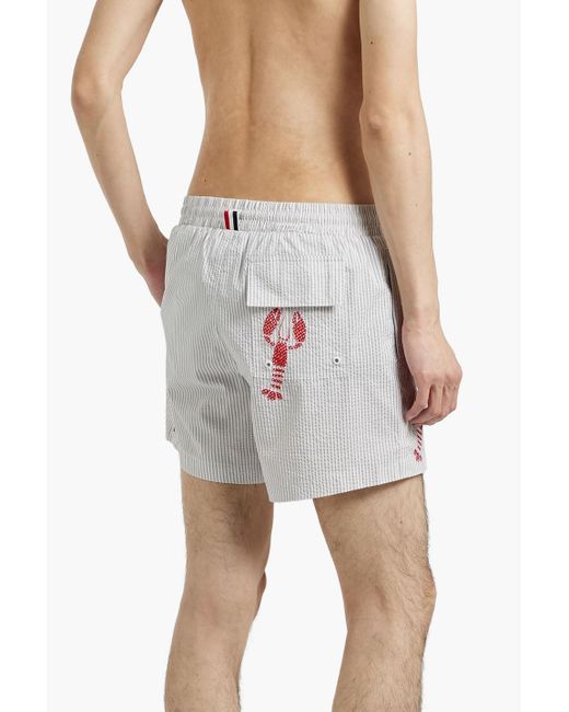 Thom Browne Gray Short-Length Striped Seersucker Swim Shorts for men