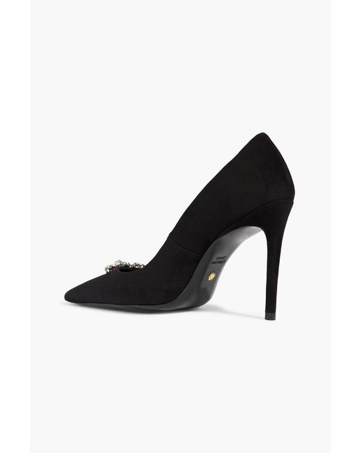Stuart Weitzman Black Fleur 100 Crystal-Embellished Suede Pumps